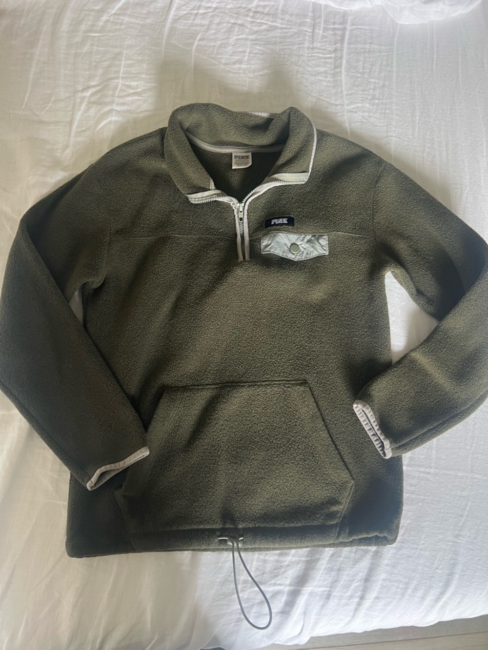 PINK Victoria's Secret Olive Green Fleece Pullover with Contrast Trim